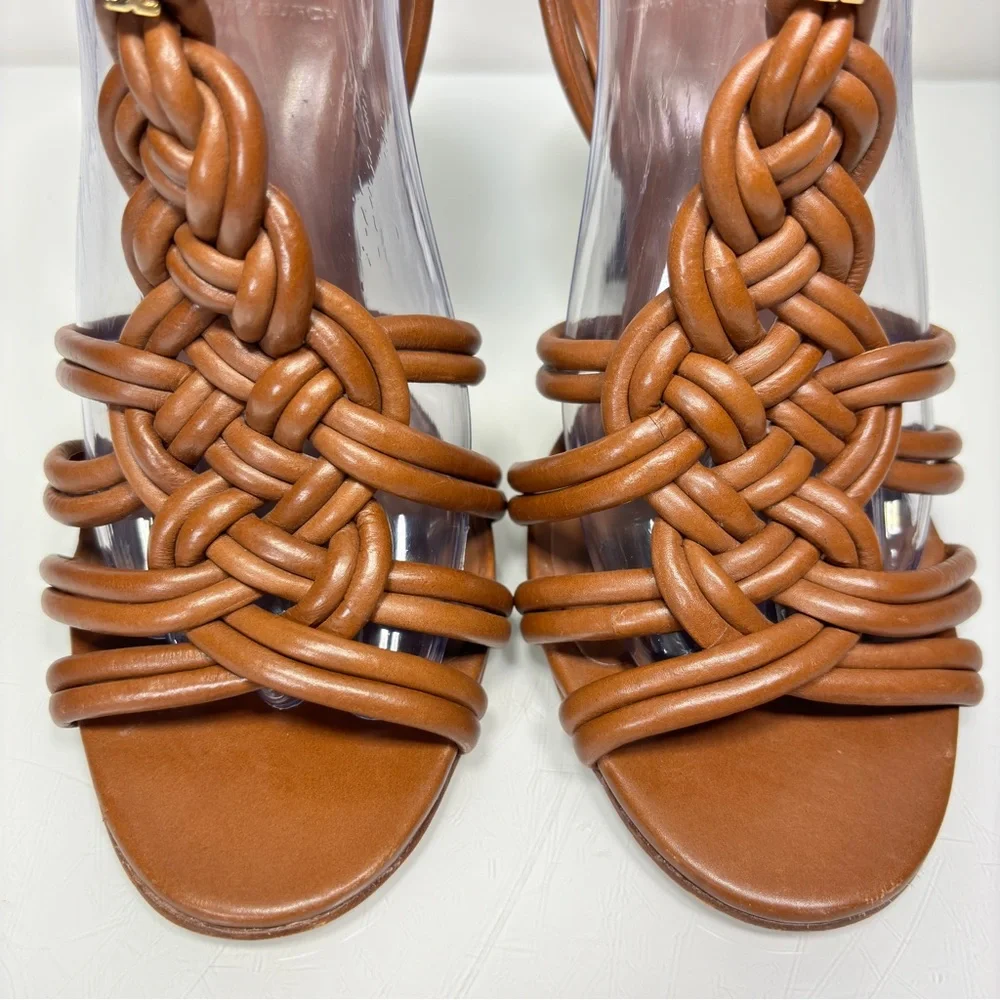 Tory Burch Brown Strappy Braided Leather Heels Size 8.5